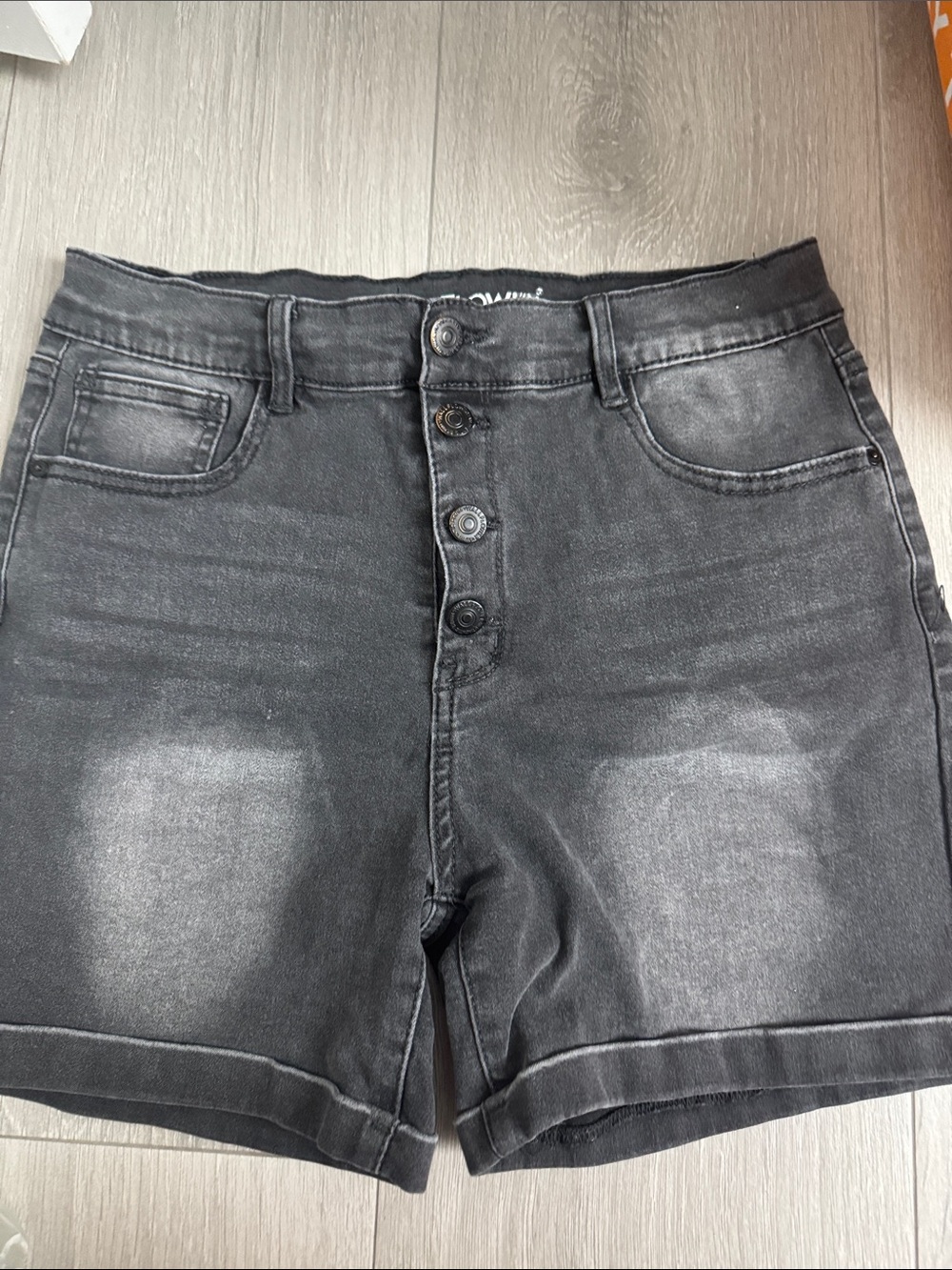 Wallflower Black Washed High-Rise Button-Front Denim Shorts